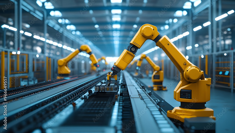 Modern industrial robots working on an assembly line in a high-tech factory environment, showcasing automation and efficiency. Modern industrial robots working on an assembly line in a high-tech factory environment, showcasing automation and efficiency.