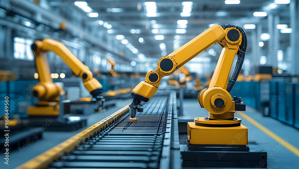 Advanced robotic arms automate production in a modern industrial environment, enhancing efficiency and precision. Advanced robotic arms automate production in a modern industrial environment, enhancing efficiency and precision.