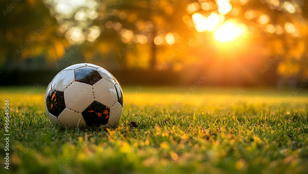 Obraz premium A soccer ball rests on green grass at sunset, capturing the essence of outdoor play and sports during the golden hour.