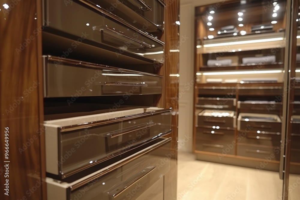 Close-up of a Sleek Wooden Cabinet with Open Drawers Close-up of a Sleek Wooden Cabinet with Open Drawers