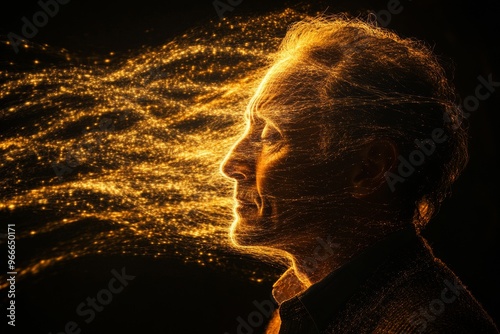 Optogenetics psychoneuroimmunology and neurostimulation head with neural connections in glowing gold representing intelligence cognitive function and mental power photo