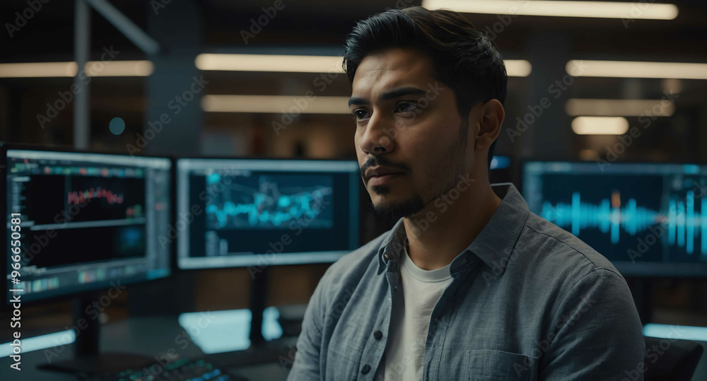 Calm Hispanic male analyzing virtual interface in tech workspace background Calm Hispanic male analyzing virtual interface in tech workspace background