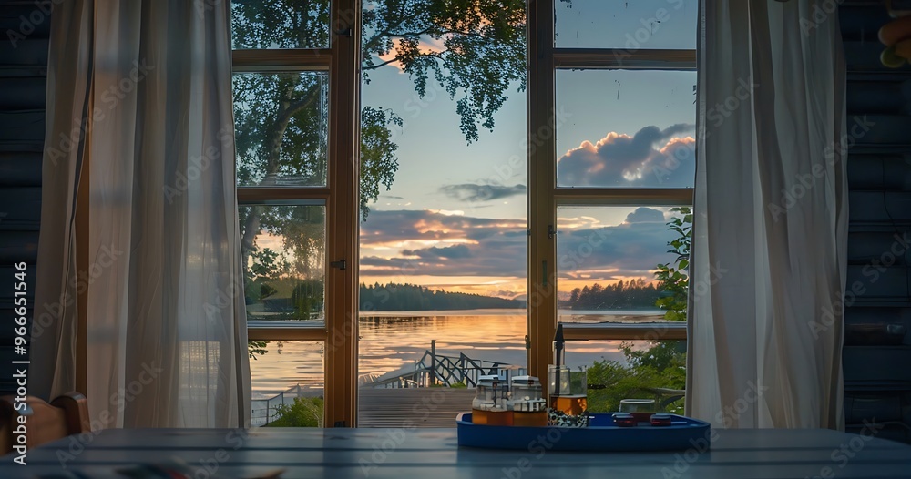 Lake view from inside an old wooden cabin in Sweden at sunset. The curtains are white and open Lake view from inside an old wooden cabin in Sweden at sunset. The curtains are white and open
