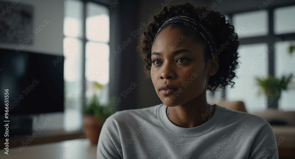 Determined Black female with AI assistant in smart home setting background Determined Black female with AI assistant in smart home setting background