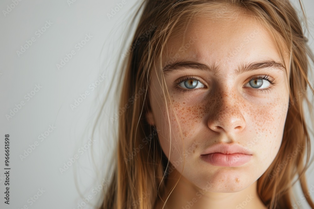 Young girl with problematic skin poses against a plain white background, capturing a moment of natural beauty and vulnerability Young girl with problematic skin poses against a plain white background, capturing a moment of natural beauty and vulnerability