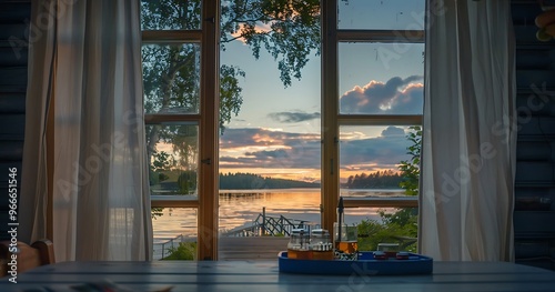 Lake view from inside an old wooden cabin in Sweden at sunset. The curtains are white and open 