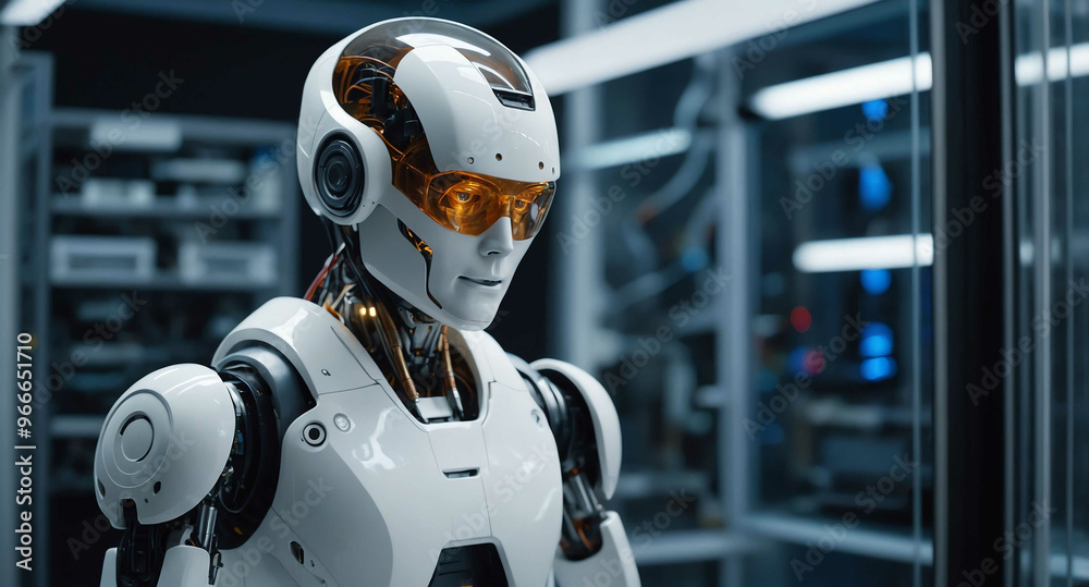 Determined White male programming robot in high-tech lab background Determined White male programming robot in high-tech lab background