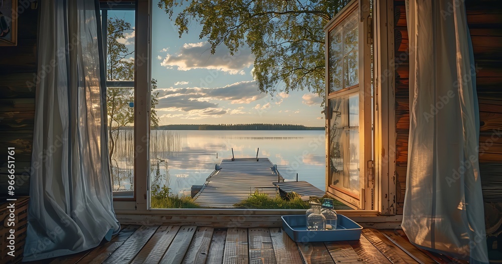 Lake view from inside an old wooden cabin in Sweden at sunset. The curtains are white and open Lake view from inside an old wooden cabin in Sweden at sunset. The curtains are white and open