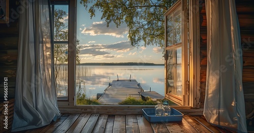 Lake view from inside an old wooden cabin in Sweden at sunset. The curtains are white and open 