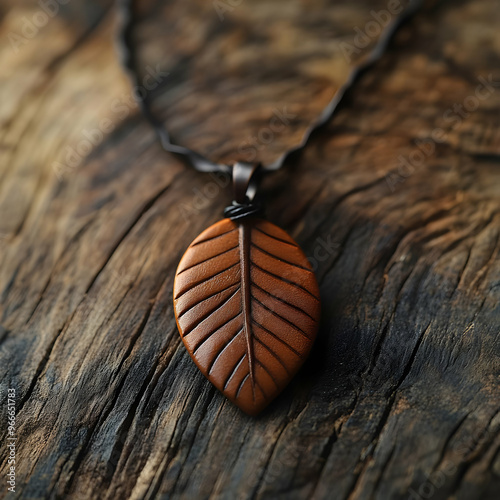 A beautifully crafted brown leaf pendant necklace on a dark wooden surface, showcasing nature-inspired jewelry design. photo