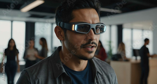 Engaged Hispanic male using wearable tech in open workspace background