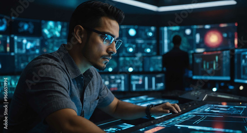 Engaged Hispanic male working on holographic device in control room background