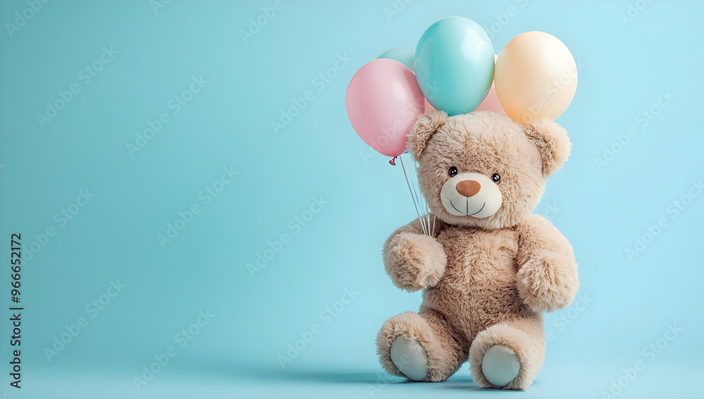 Fototapeta premium A cute teddy bear holding colorful balloons against a light blue background, perfect for celebrations and children's themes.
