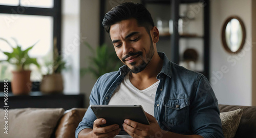 Relaxed Hispanic male holding tablet in smart home background