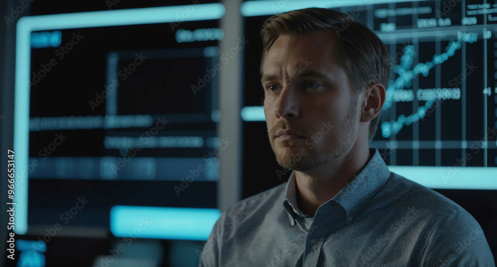 Thoughtful White male in smart office with holographic display background Thoughtful White male in smart office with holographic display background