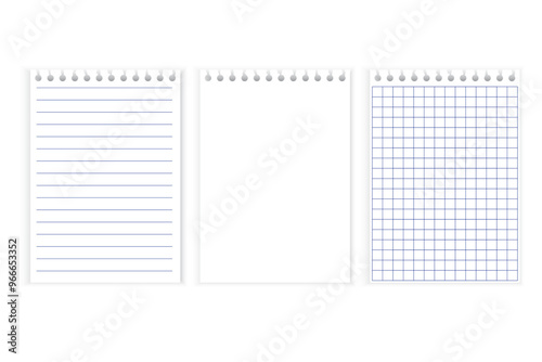 Lined notebook paper. Blank spiral page. Grid notepad sheet. Vector stationery set.