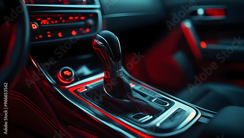 Close-up of a car interior showcasing a modern gear shift illuminated by red lighting, highlighting sleek design and technology. photo