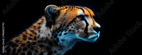 A majestic cheetah profile showcasing its graceful features and stunning patterns against a dark background. photo