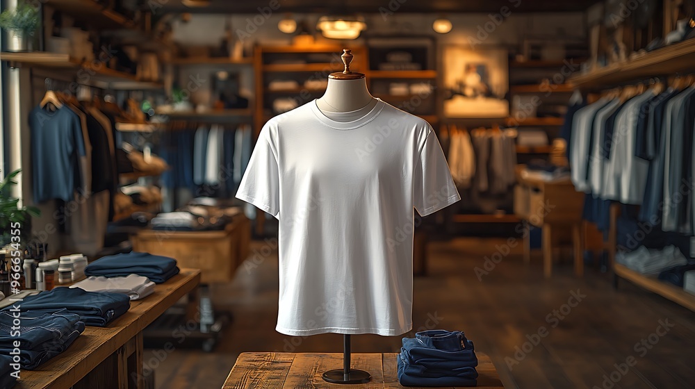 A white t-shirt on a mannequin in a clothing store. A white t-shirt on a mannequin in a clothing store.
