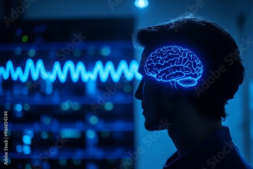 Connectomics bioholography and neurosecretion profile of man with glowing blue brain visualizing thought transmission and data flow in a digital context photo