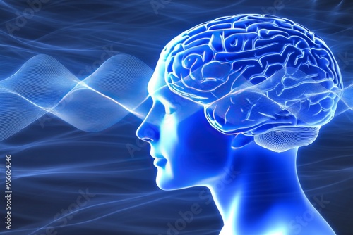 Neurohormonal pathways emotional contagion and neuropsychopharmacology glowing blue brain visualizing thought flow neural activity and mental energy transmission photo