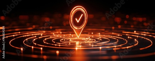 A glowing location pin surrounded by vibrant concentric circles, symbolizing connectivity and modern navigation technology. photo