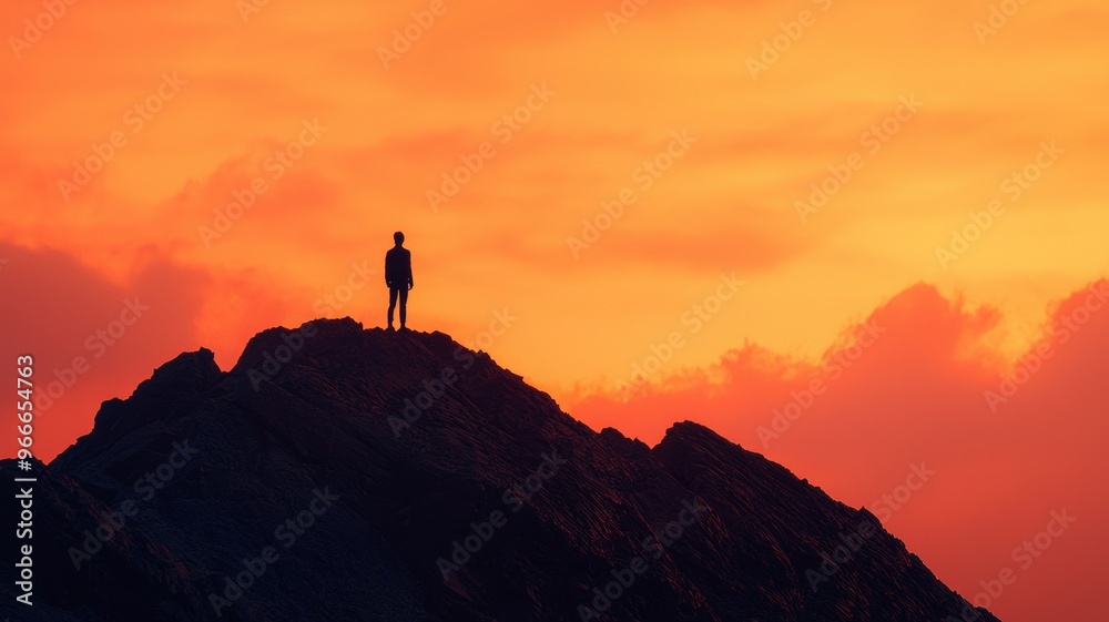 A person standing on top of a mountain at sunset, wide shot, copyspace area - ai A person standing on top of a mountain at sunset, wide shot, copyspace area - ai