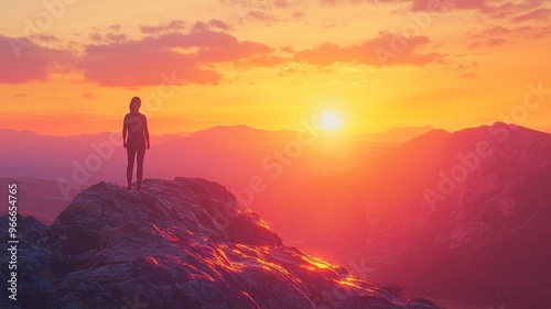 A person standing on top of a mountain at sunset, wide shot, copyspace area - ai