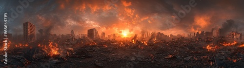 Panoramic view of a devastated urban landscape at sunset, featuring ruined buildings and a fiery sky, symbolizing destruction and desolation.
 photo