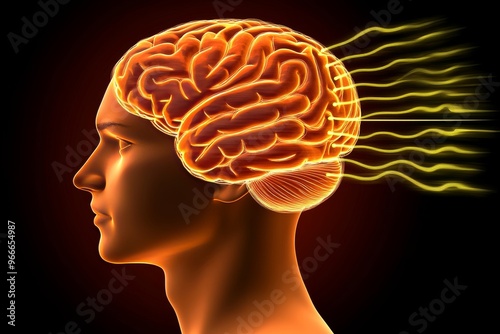 Neuroaesthetics cerebral cortex and sensory entrainment side profile of two brains connected by glowing energy waves visualizing thought interaction and neural exchange photo
