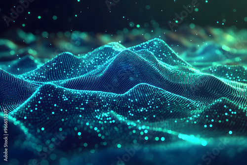 Futuristic digital landscape with abstract data waves and particles. Blue and green neon tones create a high-tech, sci-fi atmosphere, representing data flow and technological innovation.