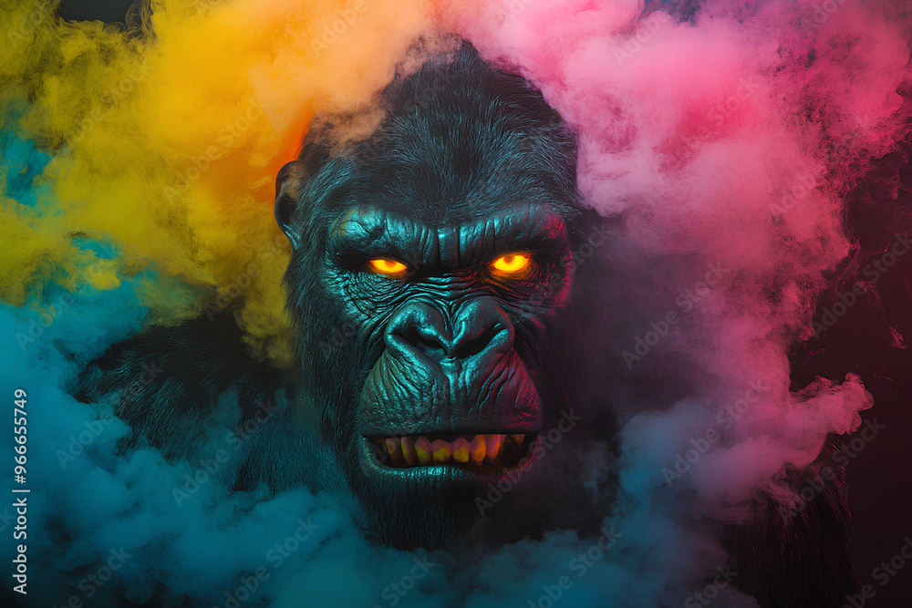 A fierce gorilla's face emerges from vibrant, colorful smoke. A fierce gorilla's face emerges from vibrant, colorful smoke.