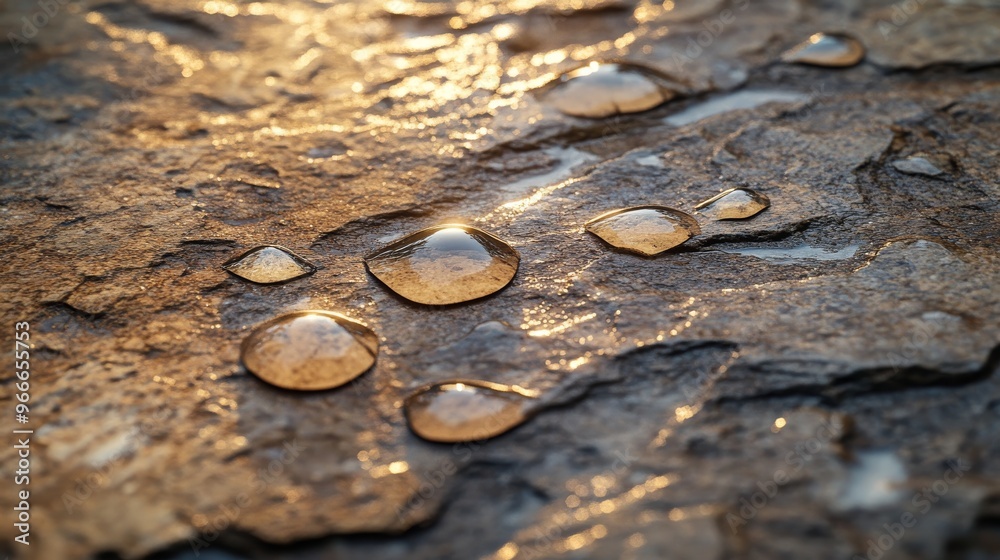 Water Droplets on Rough Stone Surface with Golden Light Reflection Water Droplets on Rough Stone Surface with Golden Light Reflection