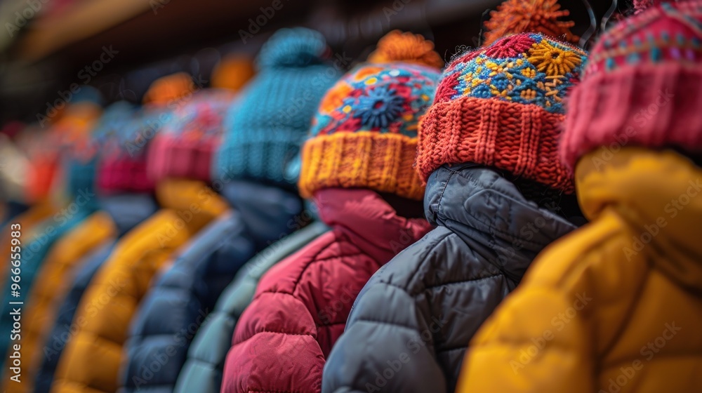 Colorful winter hats and jackets hanging on display in a shop. Colorful winter hats and jackets hanging on display in a shop.