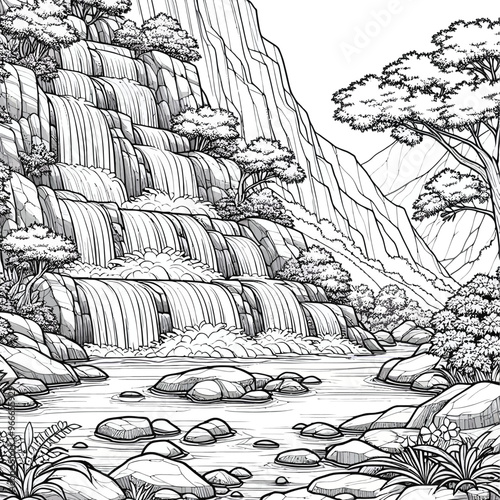 cascading waterfall flowing down a rocky cliff into Coloring page 