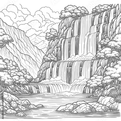 cascading waterfall flowing down a rocky cliff into Coloring page 