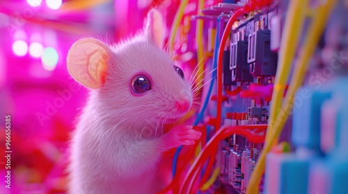 A small mouse investigates a tangle of bright electrical wires in a warm, illuminated indoor environment, showing interest and curiosity