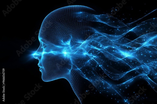 Neurofeedback neurochemical and signal processing abstract human head with glowing blue lines and dots representing neural connections and brain activity photo