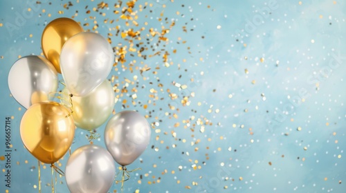 Silver and gold balloons gather together amidst a flurry of colorful confetti, creating a festive atmosphere for celebrations