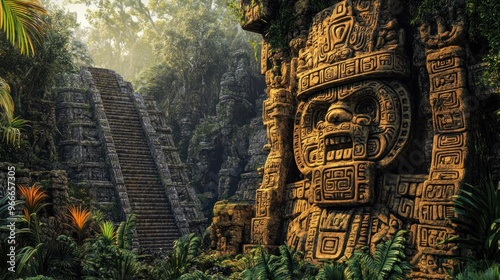 Ancient temple ruins surrounded by lush jungle foliage. photo