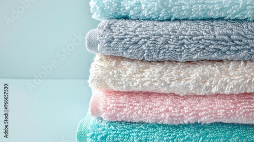 A stack of freshly laundered towels displays soft textures in calming pastel colors, creating an inviting atmosphere in the laundry room