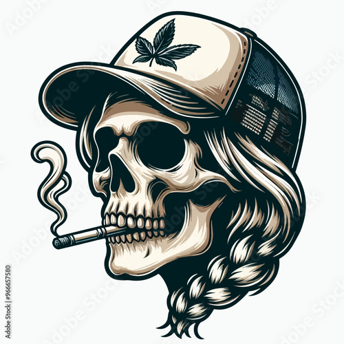 A skull with a cigarette in its mouth