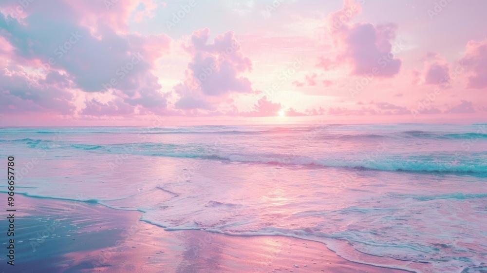 Fototapeta premium The horizon glows with pink and purple hues as gentle waves lap against the sandy shore during sunset