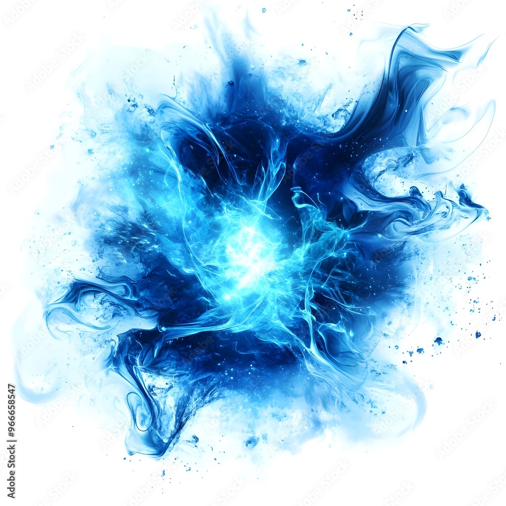 Fototapeta premium A vibrant blue explosion of energy, isolated on a white background, with dynamic swirling patterns and abstract shapes.