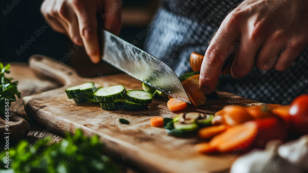 A person is cutting vegetables on a wooden cutting board. A person is cutting vegetables on a wooden cutting board.