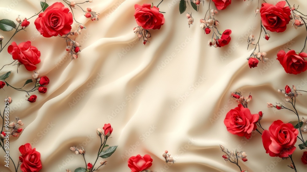Red Roses on Cream-Colored Fabric Red Roses on Cream-Colored Fabric
