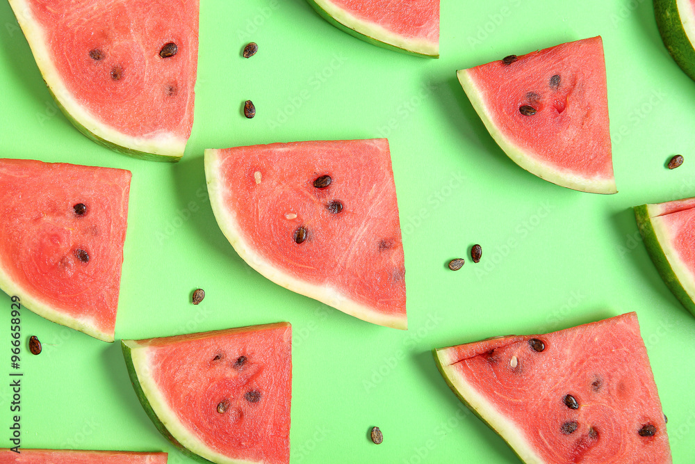 Composition with with pieces of ripe watermelon on green background, closeup Composition with with pieces of ripe watermelon on green background, closeup