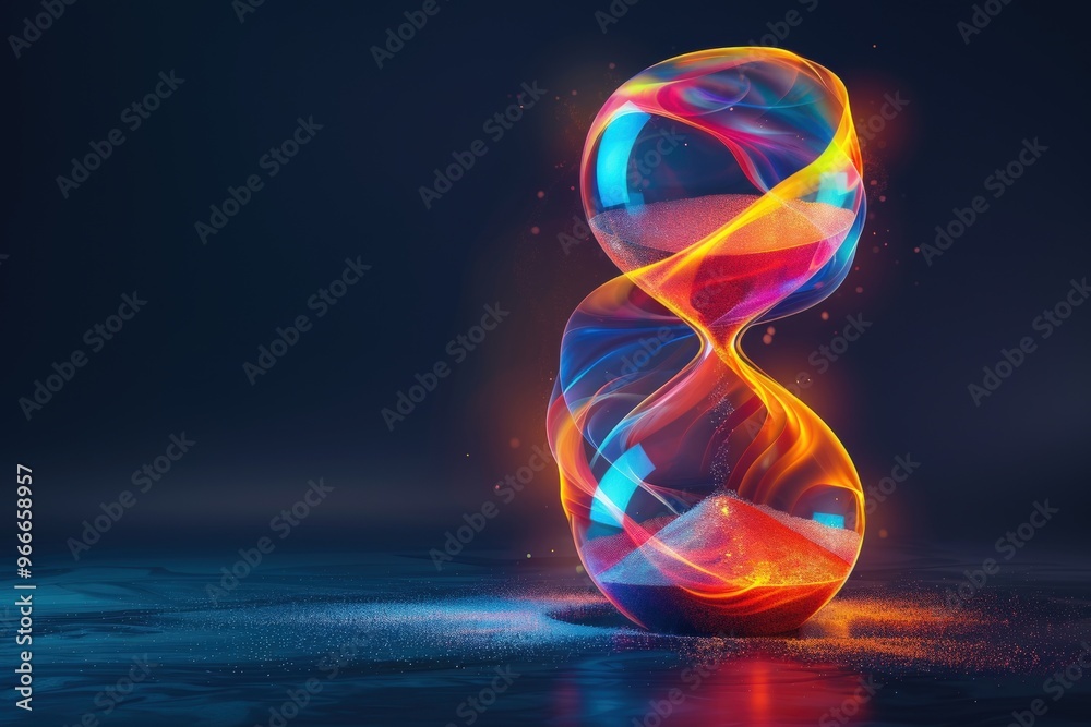 Obraz premium Abstract hourglass with glowing, vibrant, colored sand, symbolizing the passage of time.