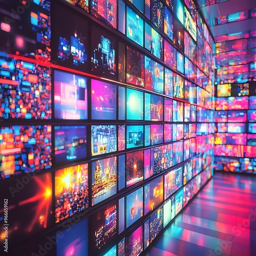 A futuristic wall of televisions displaying various colorful broadcasts, showcasing a diverse range of programs in a vibrant and dynamic display.