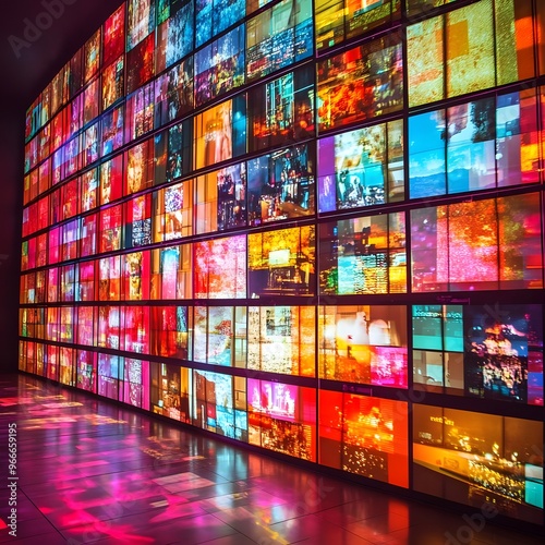 A futuristic wall of televisions displaying various colorful broadcasts, showcasing a diverse range of programs in a vibrant and dynamic display. photo